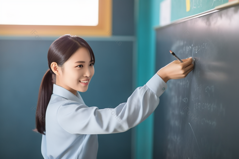 一位女教师女老师在上课的黑板上涂写笔记,高清,摄影图,摄影图片,图片大全,摄影图免费下载